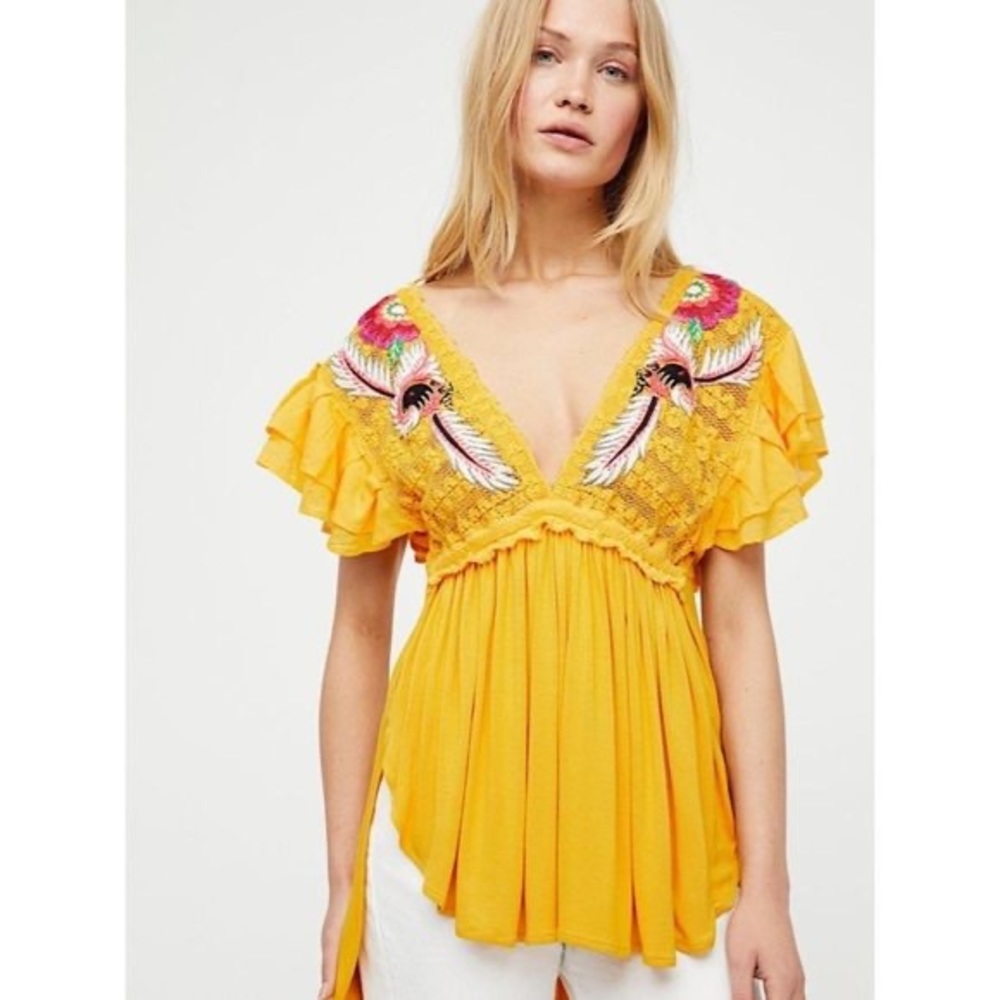 Free People Embroidered Mustard Top NWT